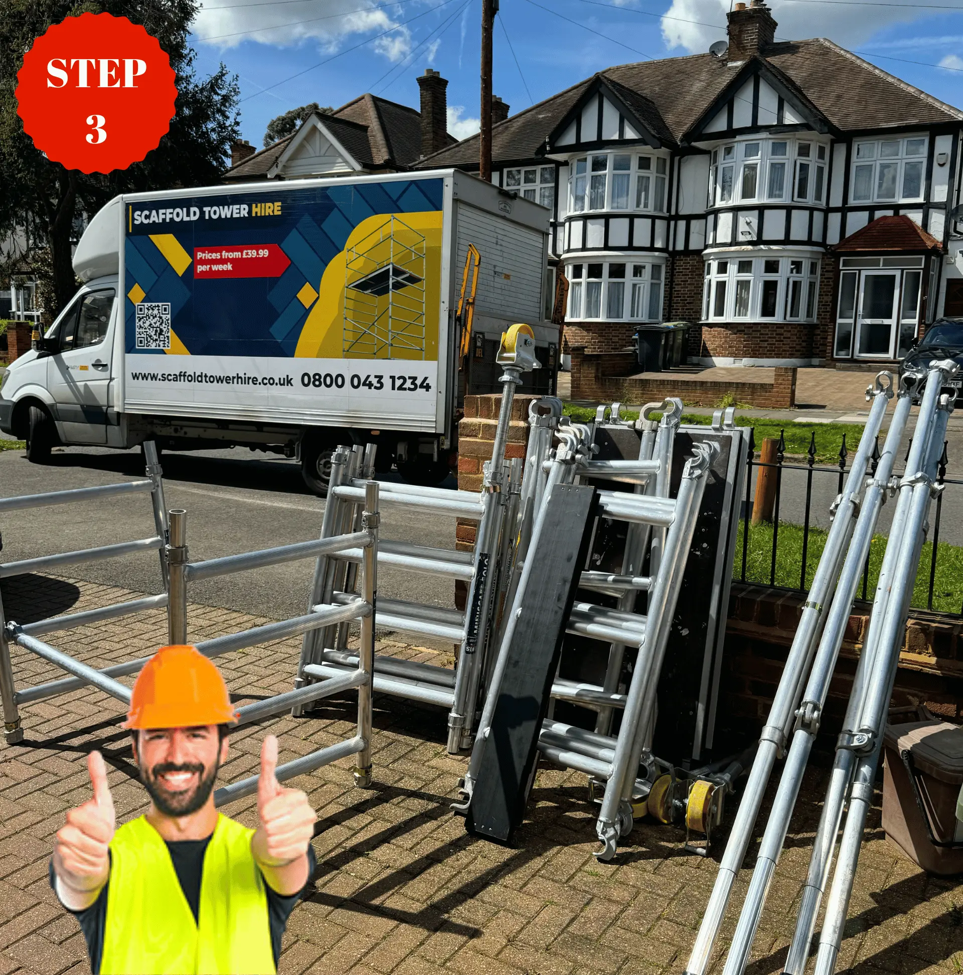 Contractor assembling a scaffold tower safely without tools on a residential site